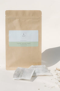 fourth trimester, postpartum herbal bath, chinese herbal bath, postpartum soak bath, traditional chinese medicine bath, TCM mama herbal postpartum bath with colloidal oatmeal, lemongrass, organic ginger, Asian wormwood.